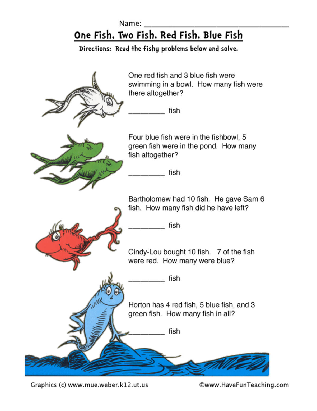 An educational teaching resource from Have Fun Teaching entitled One Fish, Two Fish – Dr. Seuss Math Worksheet downloadable at Teach Simple.