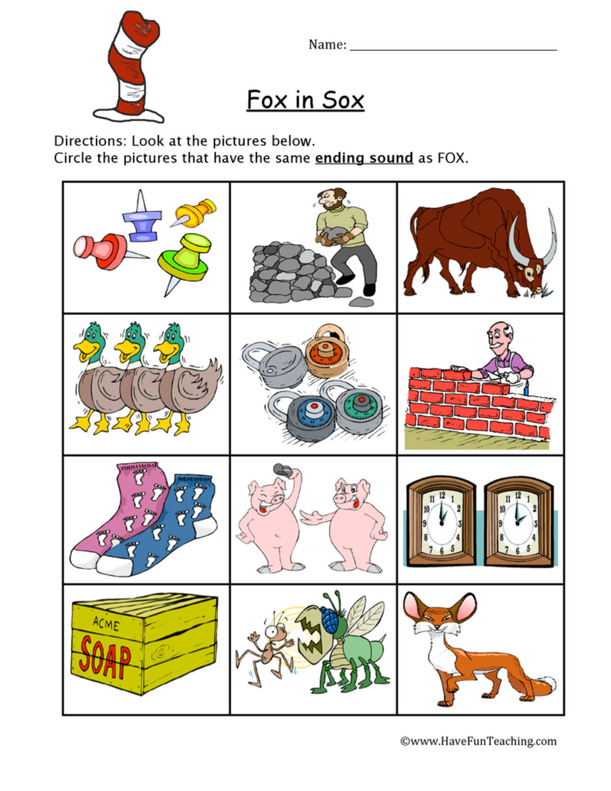 An educational teaching resource from Have Fun Teaching entitled Dr. Seuss OX Word Family Worksheet downloadable at Teach Simple.