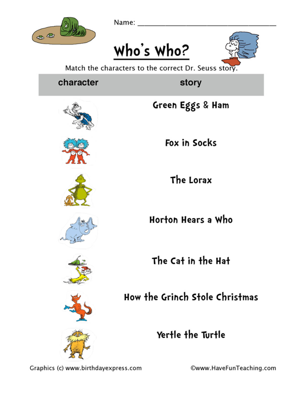 An educational teaching resource from Have Fun Teaching entitled Dr. Seuss Picture Characters Matching Worksheet downloadable at Teach Simple.