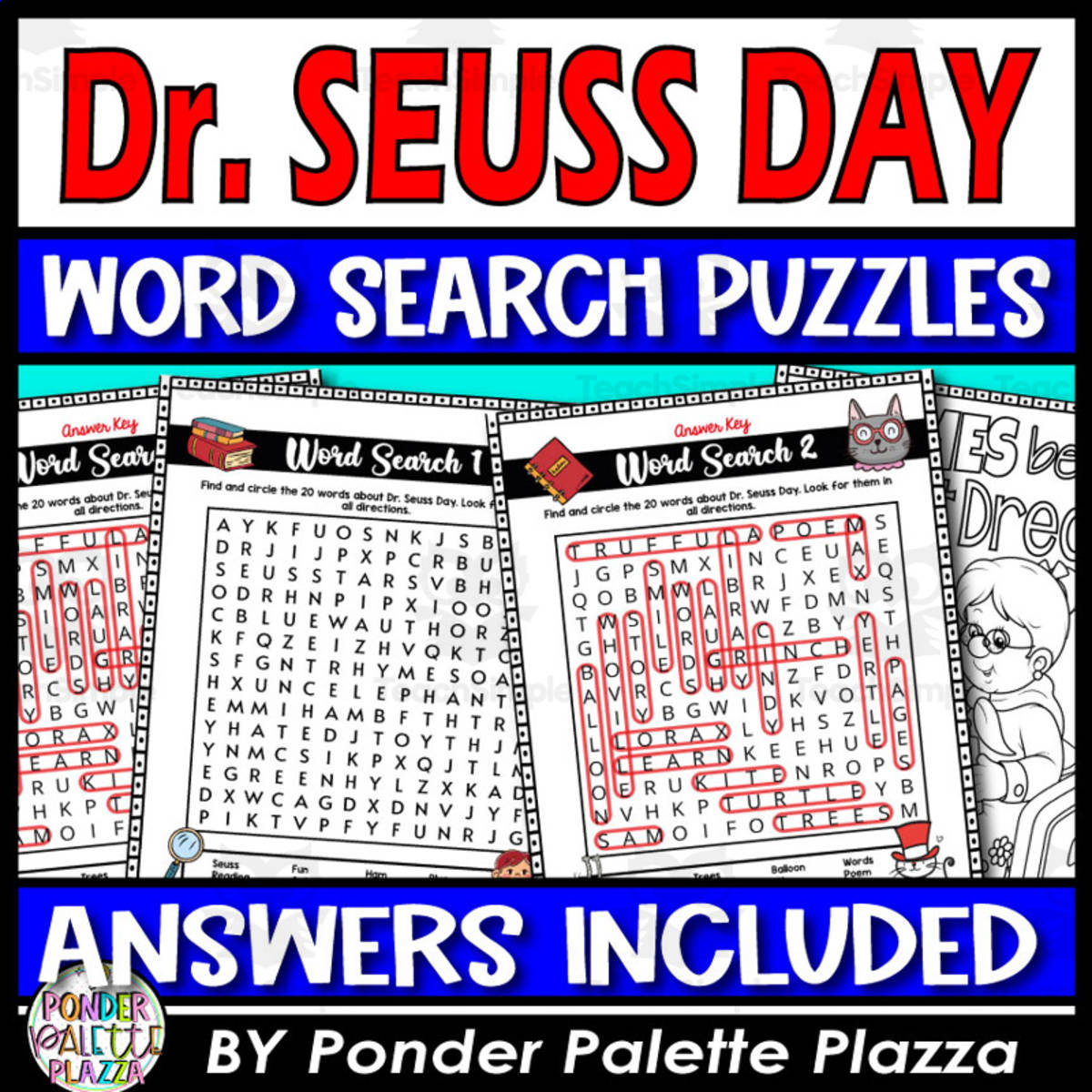 An educational teaching resource from Ponder Palette Plazza entitled Dr. Seuss Puzzles Activities No Prep Sub Plans + Answers downloadable at Teach Simple.