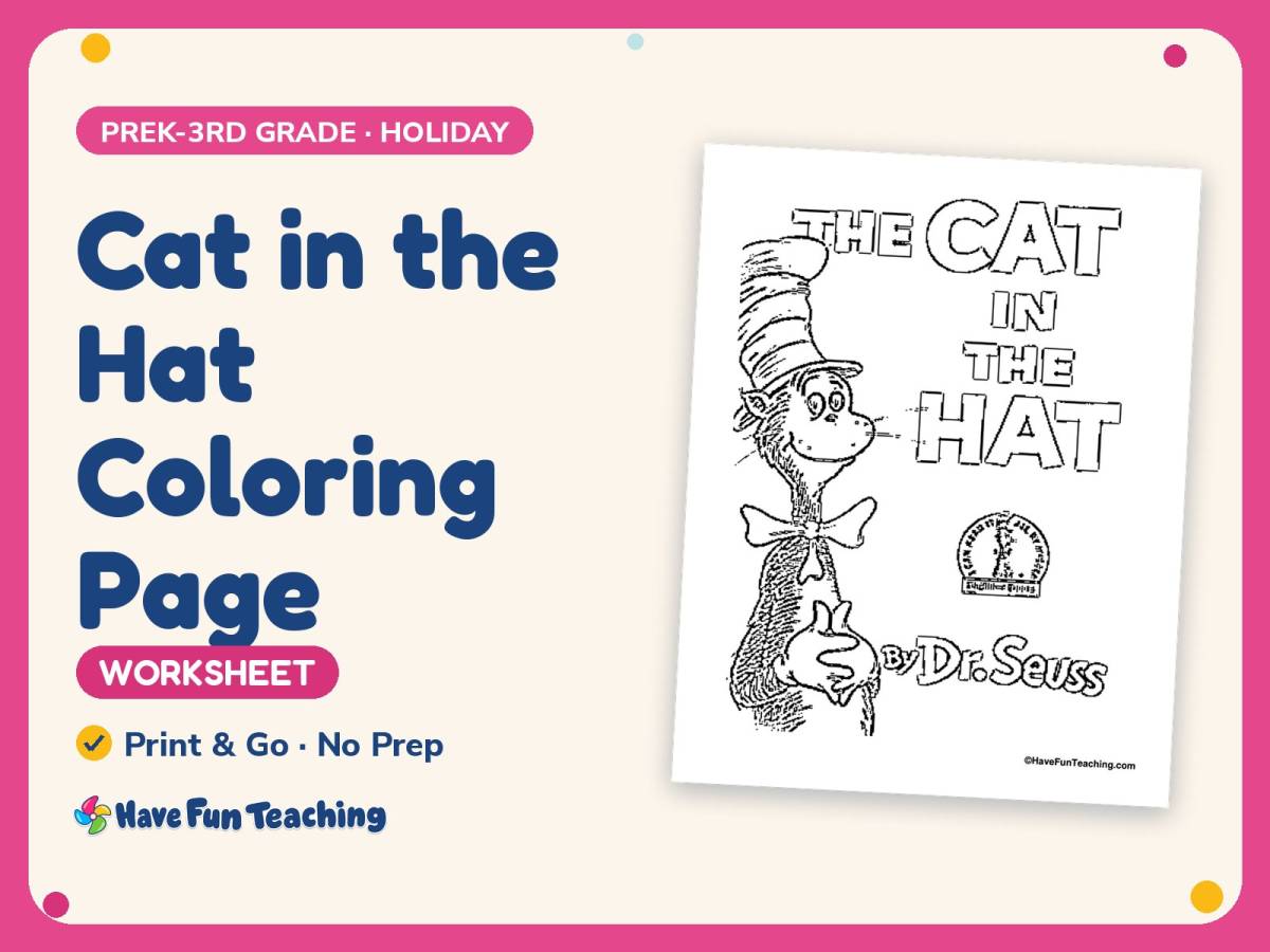 Dr. Seuss Worksheet: Cat in the Hat Coloring Page – PreK-3rd Grade preview
