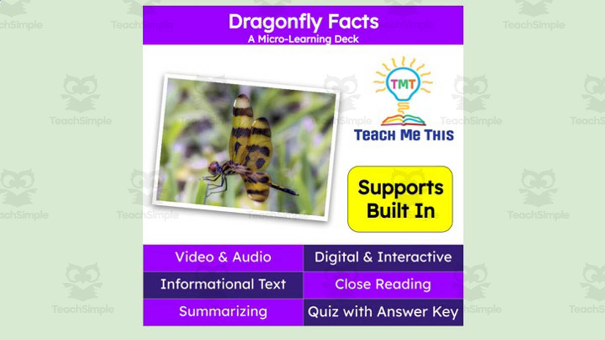 An educational teaching resource from Teach Me This entitled Dragonfly Facts | Interactive Science Lesson | Micro-Learning Deck downloadable at Teach Simple.