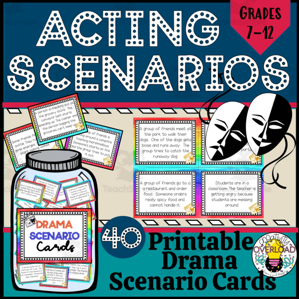 An educational teaching resource from Creativity Overload entitled Drama Scenario Task Cards – 40 Acting Prompts downloadable at Teach Simple.