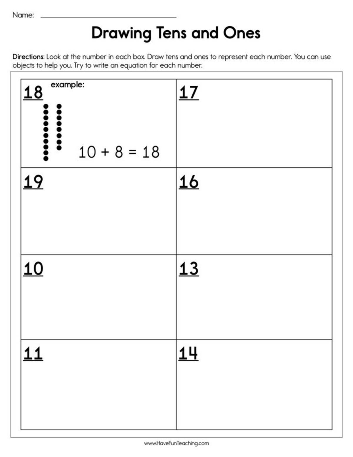 An educational teaching resource from Have Fun Teaching entitled Draw Tens and Ones Worksheet downloadable at Teach Simple.