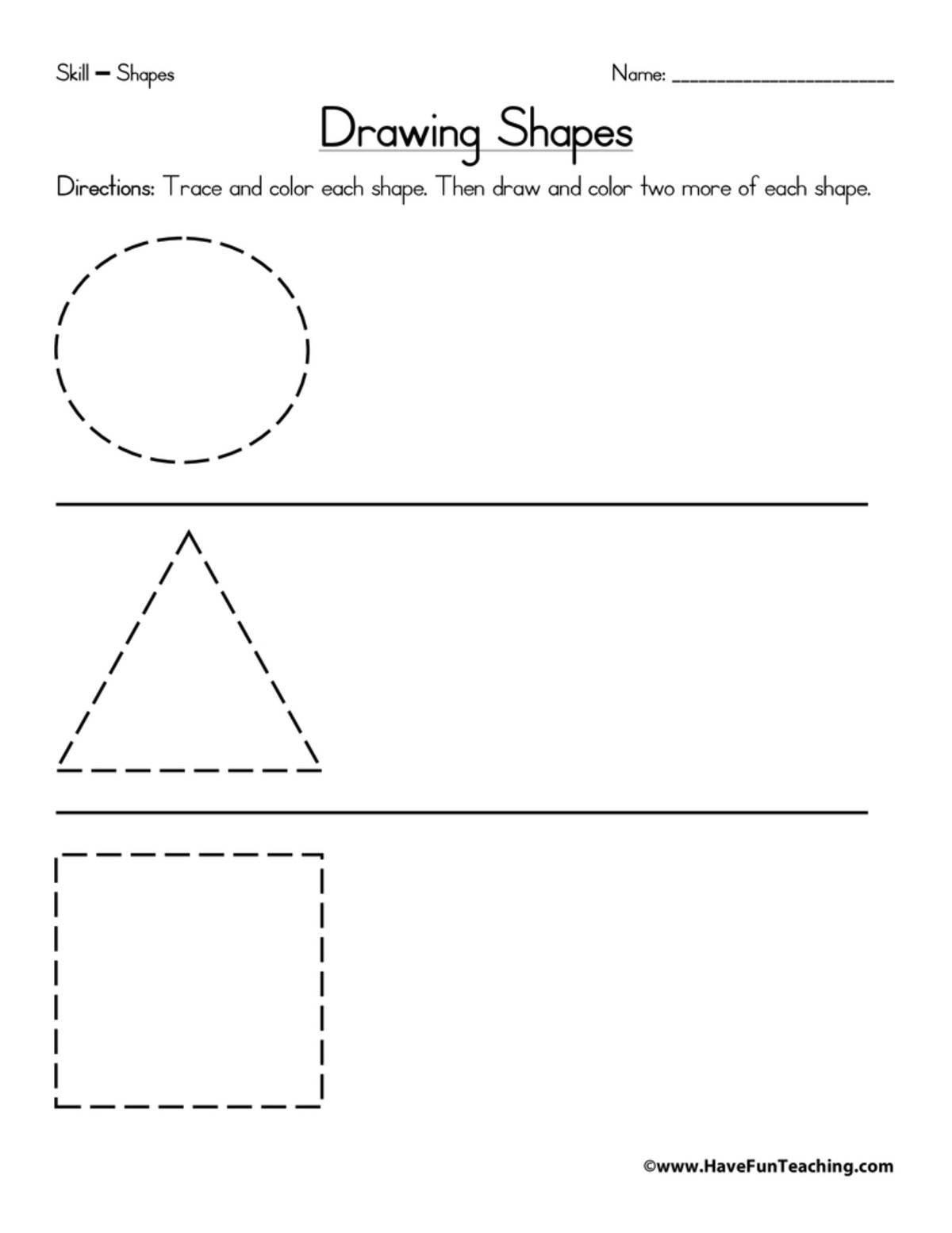 An educational teaching resource from Have Fun Teaching entitled Drawing Shapes Worksheet – Circle, Triangle, Square downloadable at Teach Simple.