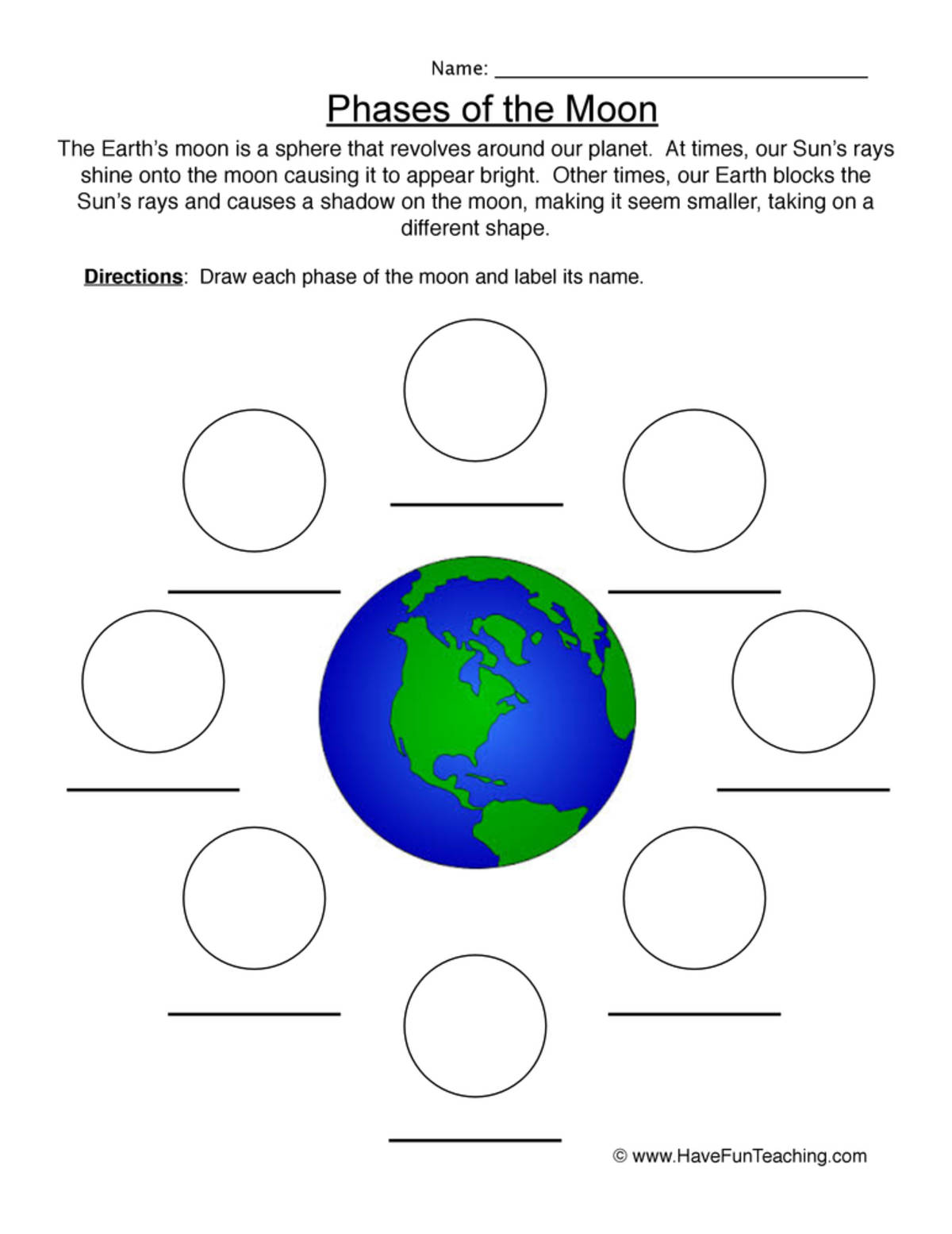 An educational teaching resource from Have Fun Teaching entitled Drawing Moon Phases Worksheet downloadable at Teach Simple.