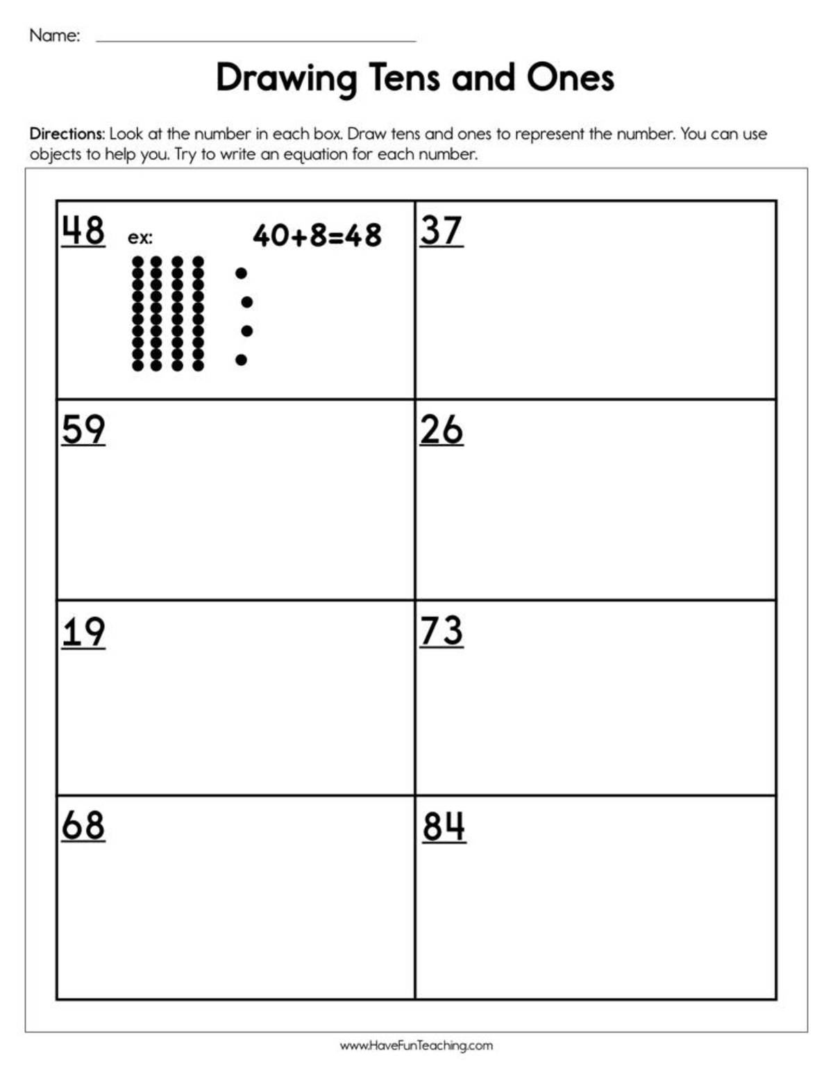 An educational teaching resource from Have Fun Teaching entitled Drawing Tens and Ones Worksheet downloadable at Teach Simple.