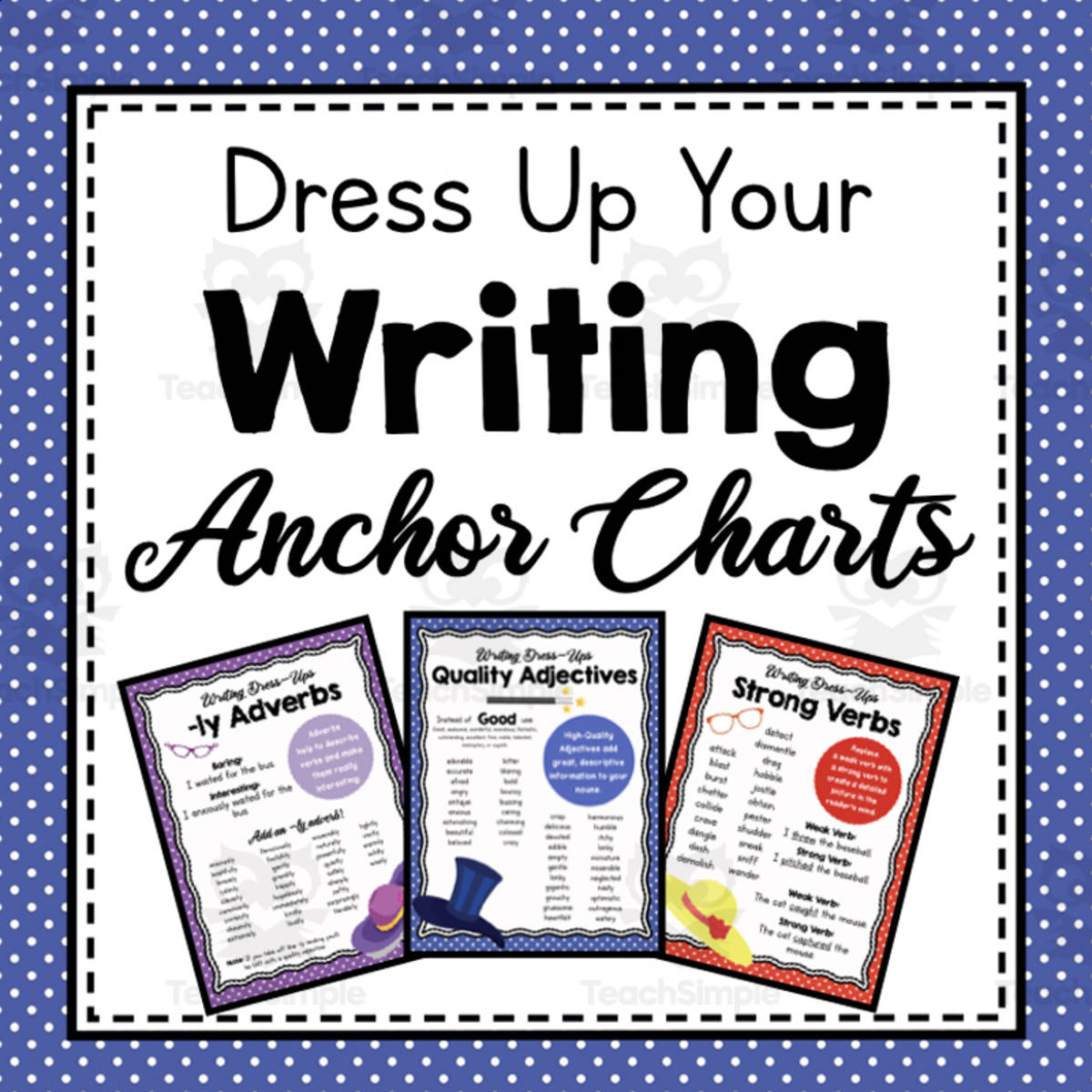An educational teaching resource from Simply Schoolgirl entitled Dress Up Your Writing | Writing Dress-Up Anchor Charts | Editing downloadable at Teach Simple.