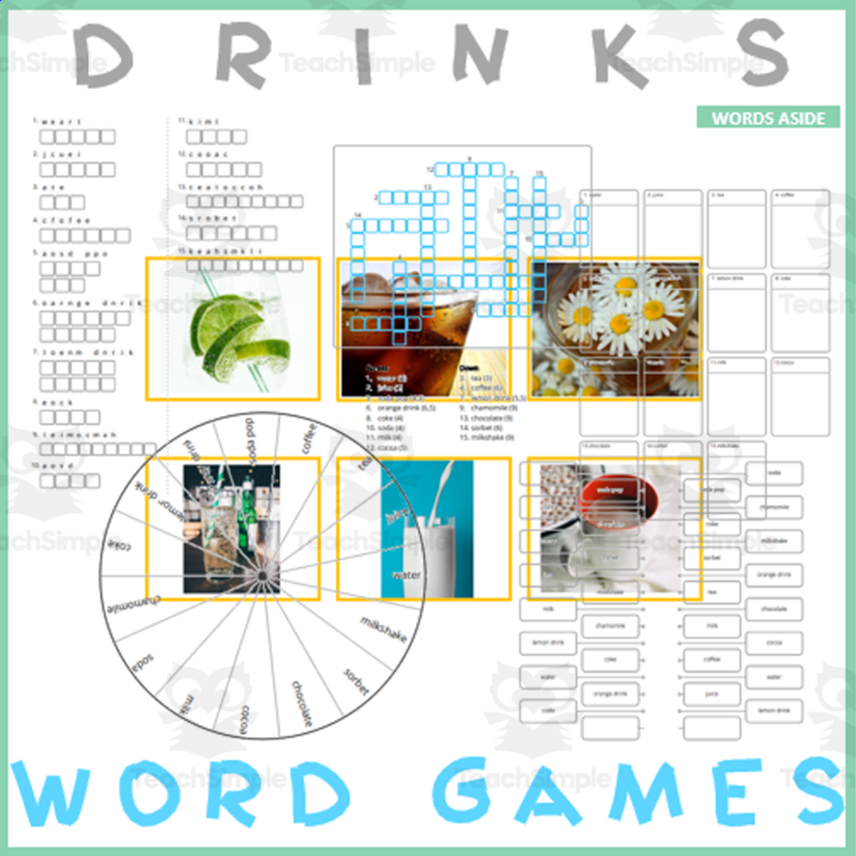 An educational teaching resource from WORDS ASIDE entitled DRINKS: Word Games with Puzzles Crossword Wordsearch Anagram downloadable at Teach Simple.