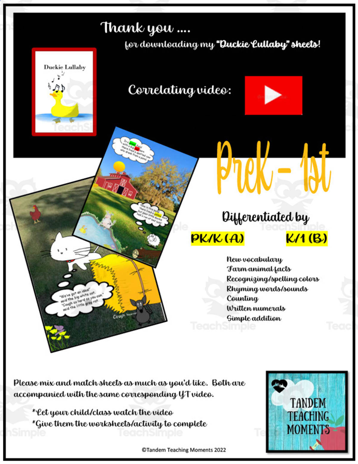 An educational teaching resource from Tandem Teaching Moments entitled "Duckie Lullaby" Worksheet Packet downloadable at Teach Simple.