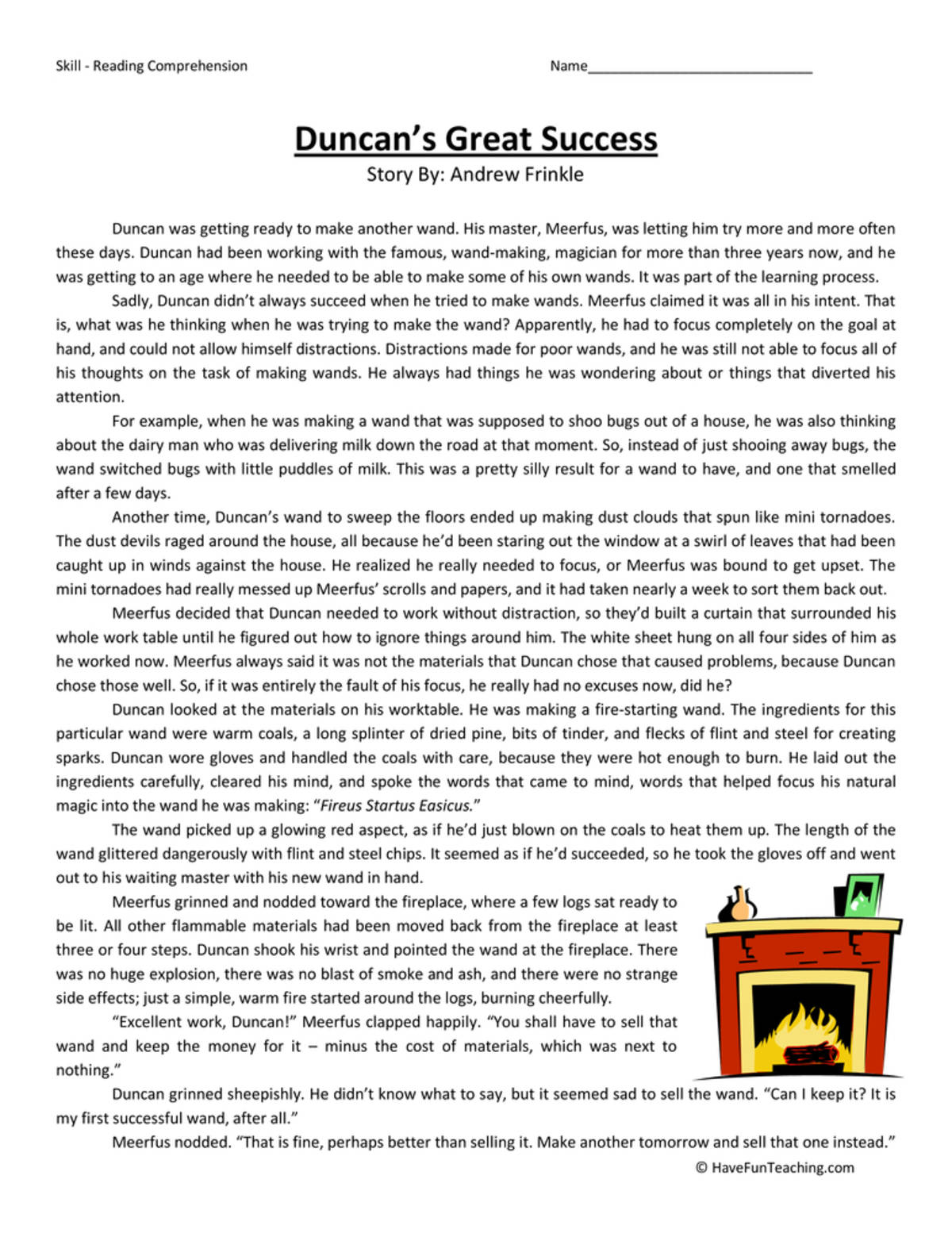 An educational teaching resource from Have Fun Teaching entitled Duncan's Great Success - Reading Comprehension Worksheet downloadable at Teach Simple.