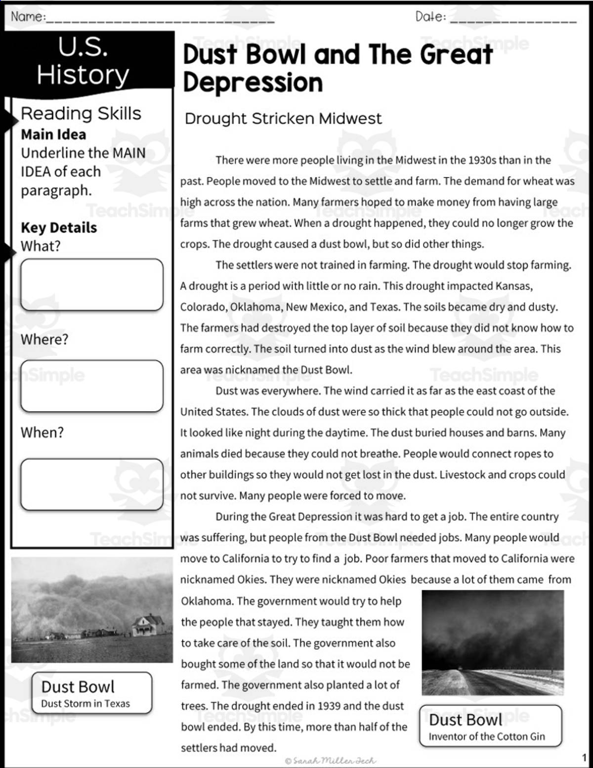 An educational teaching resource from Sarah Miller Tech entitled Dust Bowl and the Great Depression Reading Packet downloadable at Teach Simple.