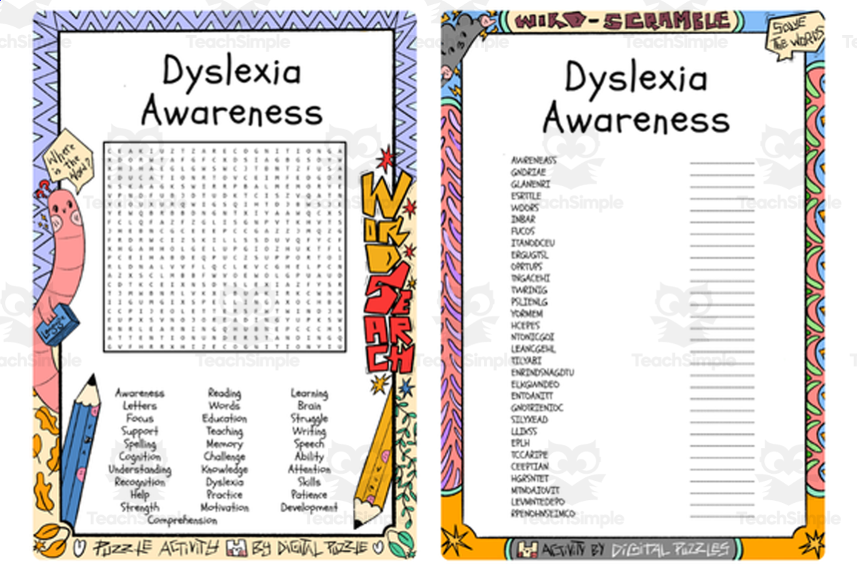 An educational teaching resource from Lapiiin Art Activities entitled Dyslexia Awareness word search and word scramble downloadable at Teach Simple.