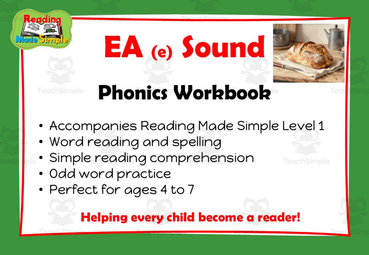 An educational teaching resource from Lilibette's Resources entitled EA (e as in head): Suffix: Phonics Workbook Reading Made Simple downloadable at Teach Simple.
