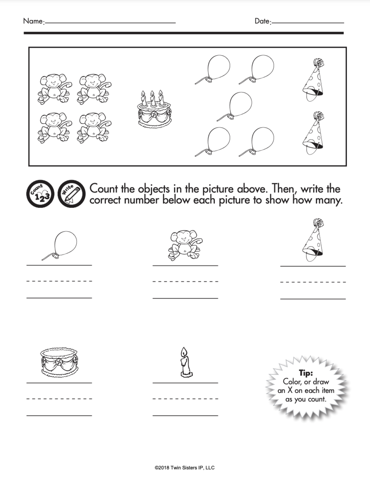 An educational teaching resource from Twin Sisters Digital Media entitled Early Math: Numbers, Number Sense, and Operations Printable Workbook downloadable at Teach Simple.
