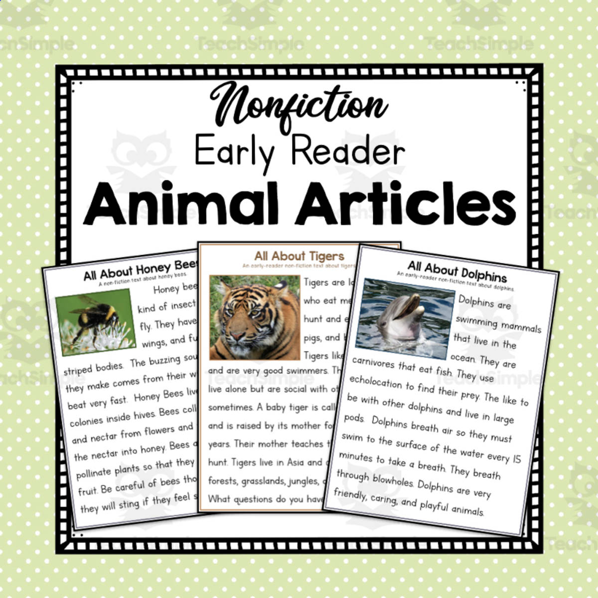 An educational teaching resource from Simply Schoolgirl entitled Early Reader Nonfiction Animal Articles: Animal Research Resource downloadable at Teach Simple.
