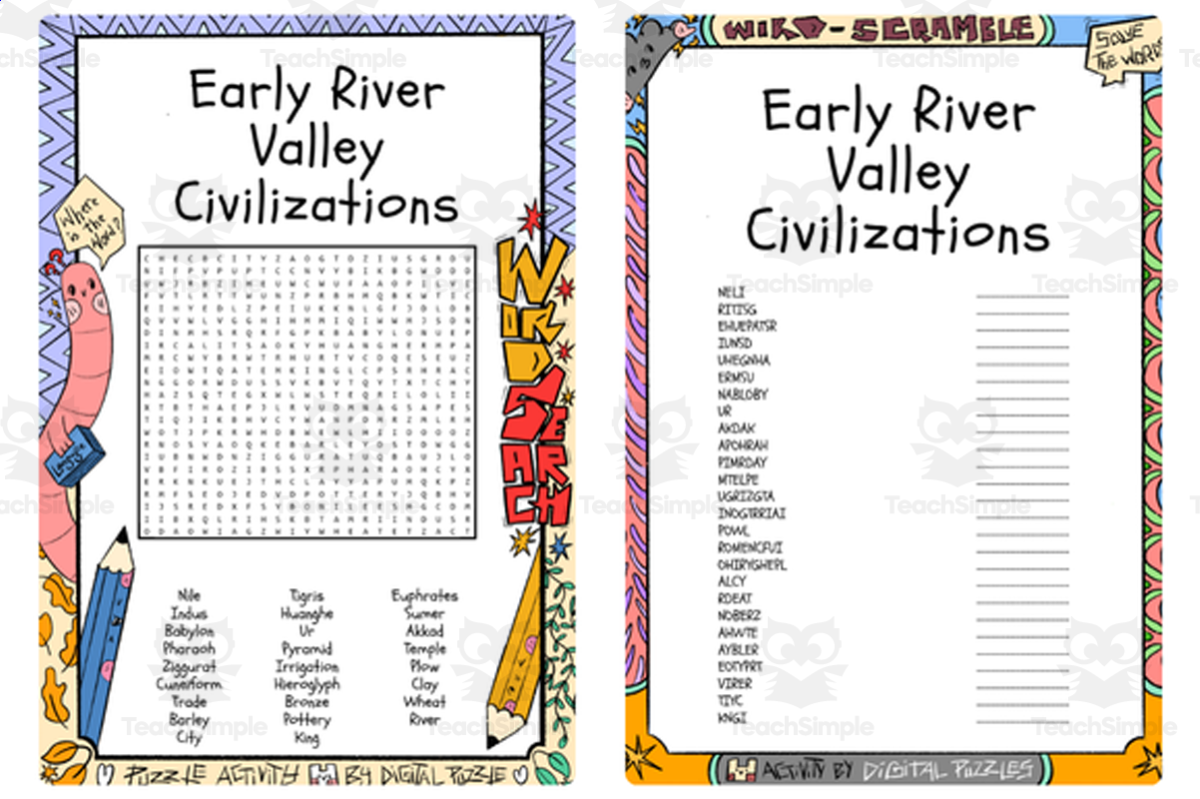 An educational teaching resource from Lapiiin Art Activities entitled Early River Valley Civilizations word search & scramble downloadable at Teach Simple.