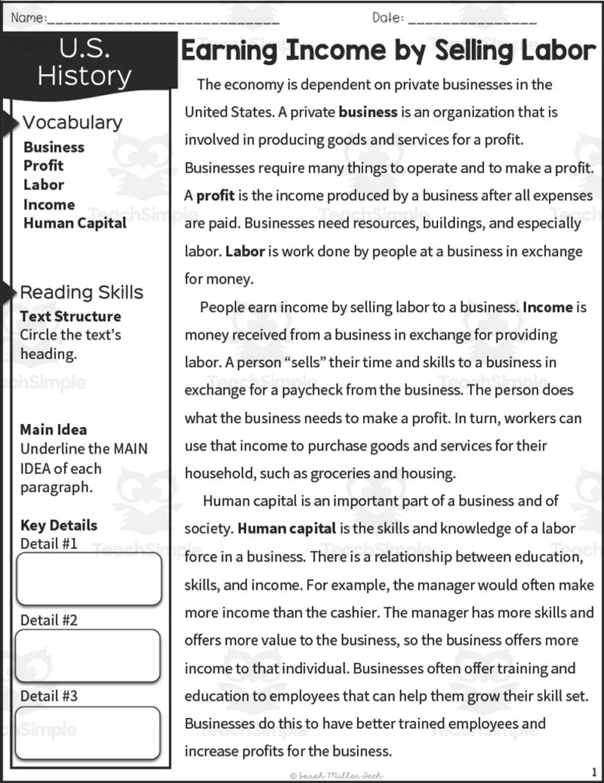 An educational teaching resource from Sarah Miller Tech entitled Earning Income by Selling Labor Reading Packet downloadable at Teach Simple.