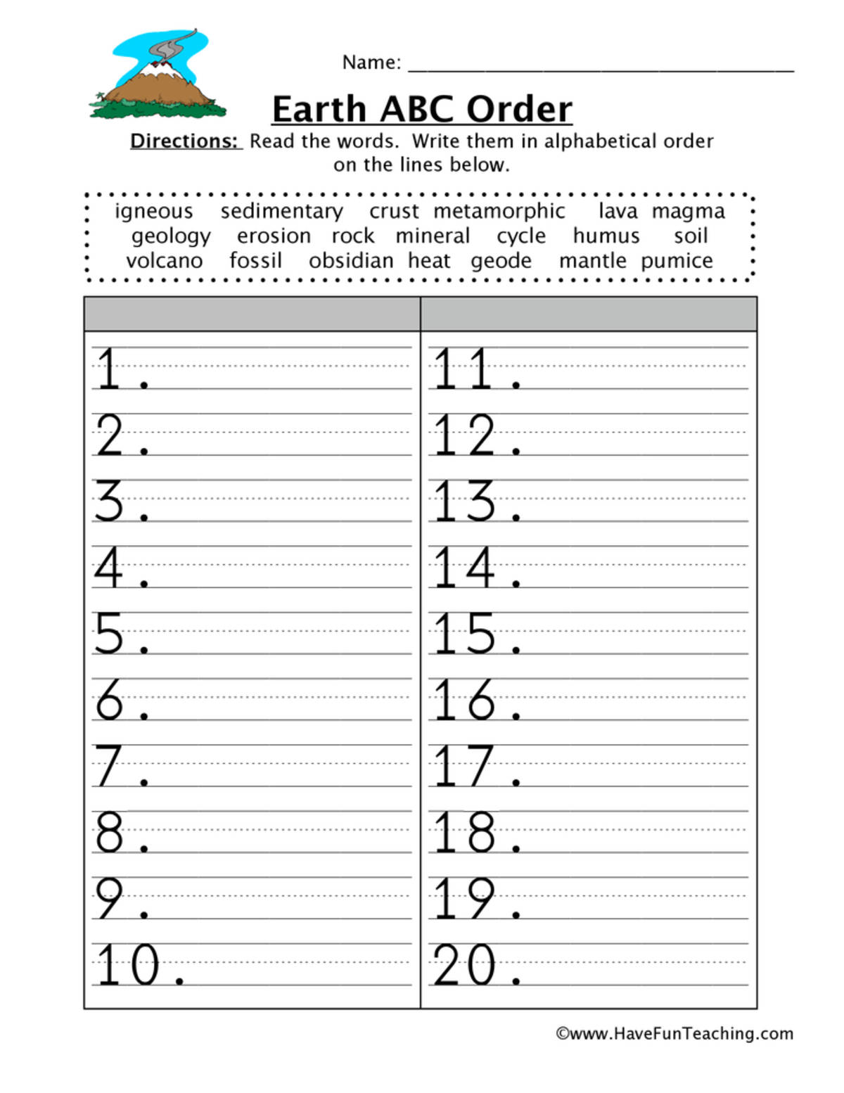 An educational teaching resource from Have Fun Teaching entitled Earth Alphabetical Order Worksheet downloadable at Teach Simple.