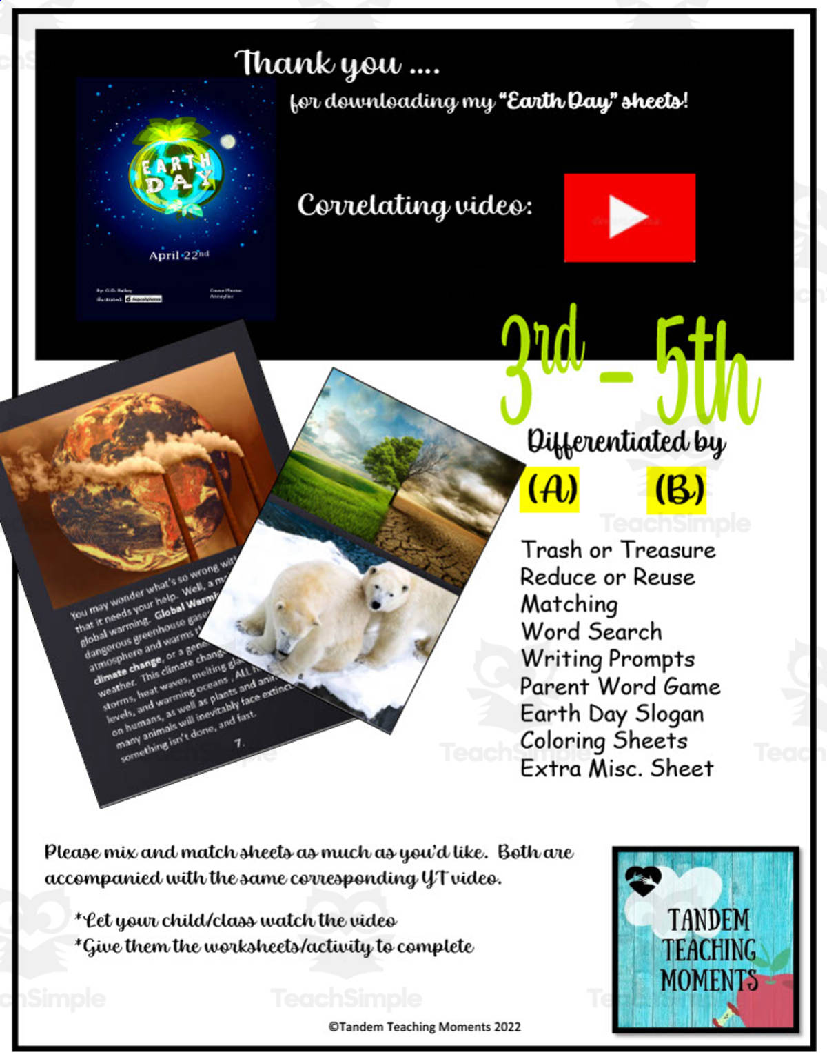 An educational teaching resource from Tandem Teaching Moments entitled Earth Day 3rd - 5th Grade Worksheet Packet downloadable at Teach Simple.