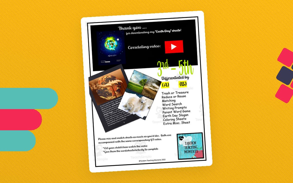 An educational teaching resource from Tandem Teaching Moments entitled Earth Day 3rd - 5th Grade Worksheet Packet downloadable at Teach Simple.