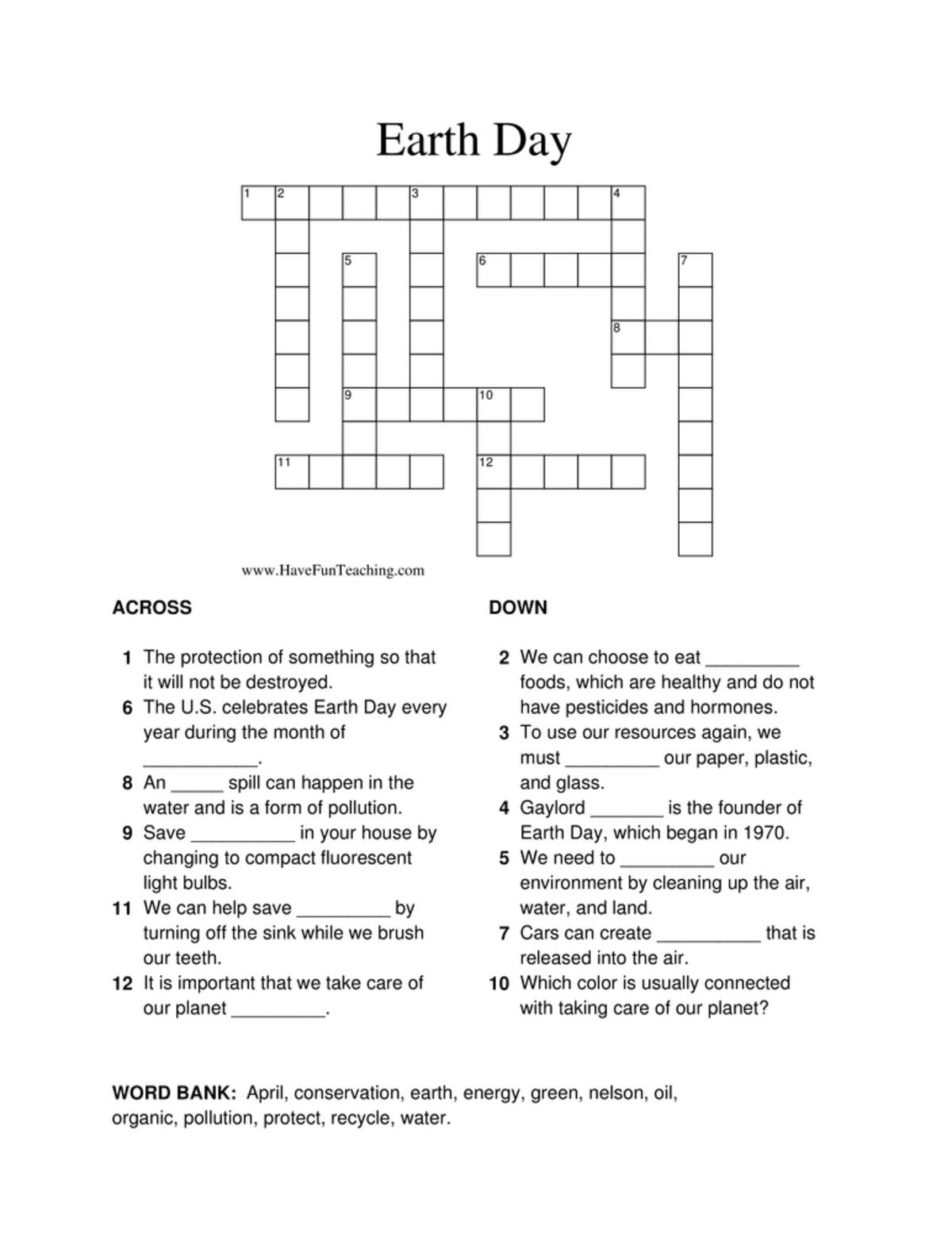 An educational teaching resource from Have Fun Teaching entitled Earth Day Crossword Puzzle downloadable at Teach Simple.