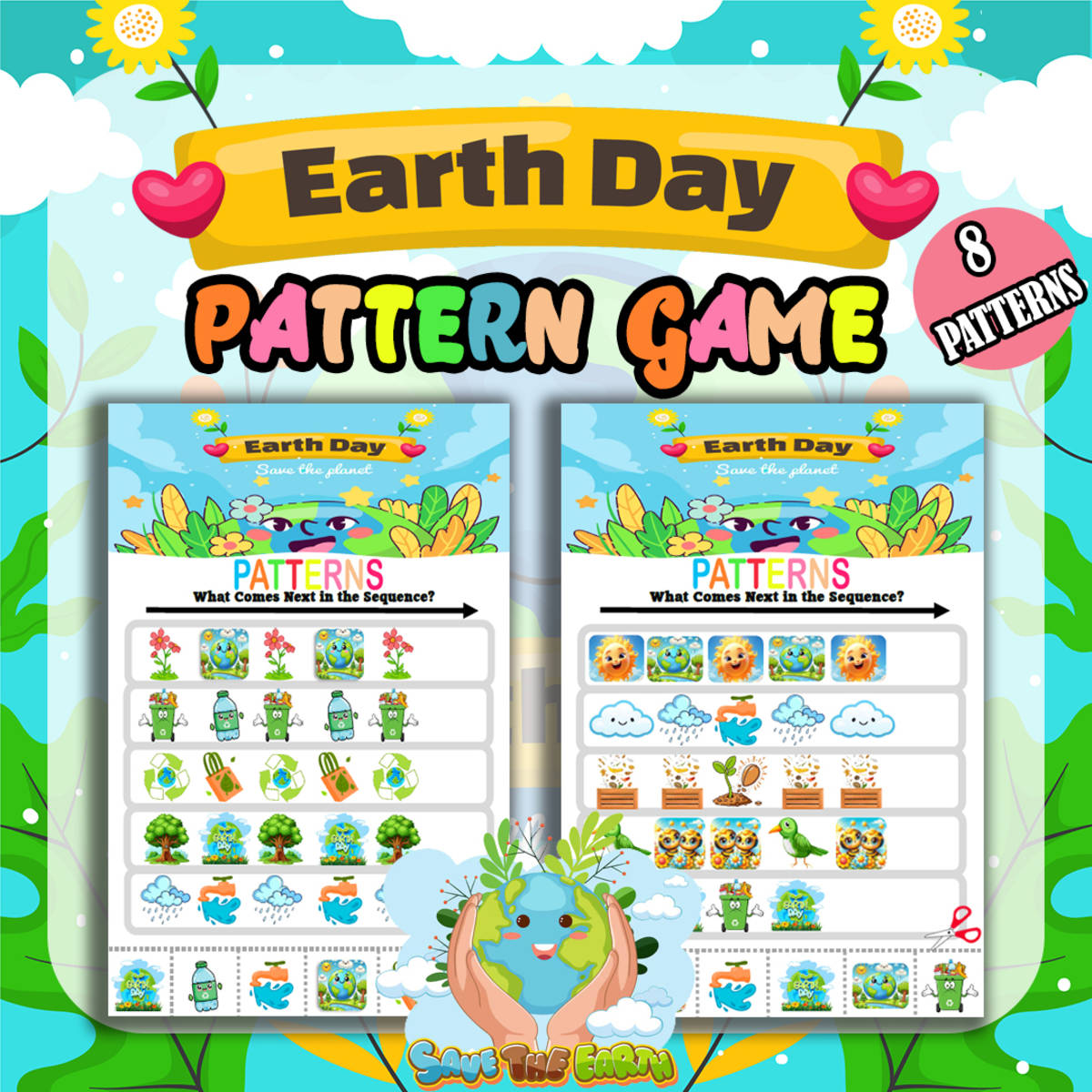 An educational teaching resource from Bambolina55 entitled Earth Day Finish the Pattern Worksheets Activity Puzzles for Pre and K downloadable at Teach Simple.