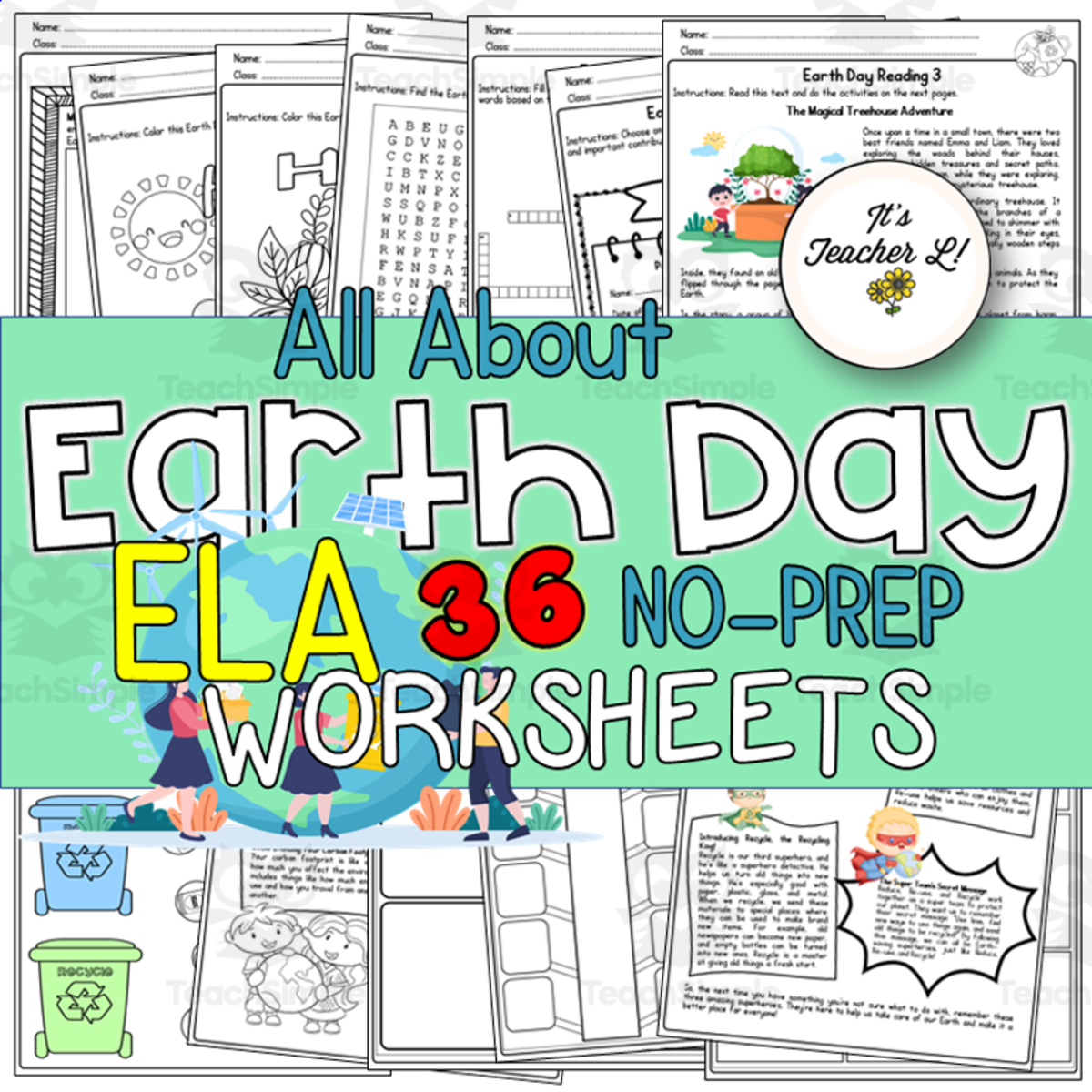 An educational teaching resource from It's Teacher L entitled Earth Day No-Prep ELA Worksheets downloadable at Teach Simple.