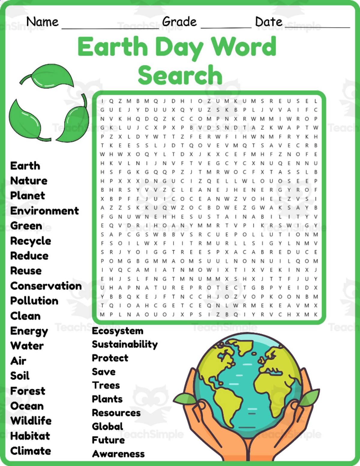 An educational teaching resource from Classsimple entitled Earth Day Search 2nd 3rd 4th 5th Grade Worksheet Activity downloadable at Teach Simple.