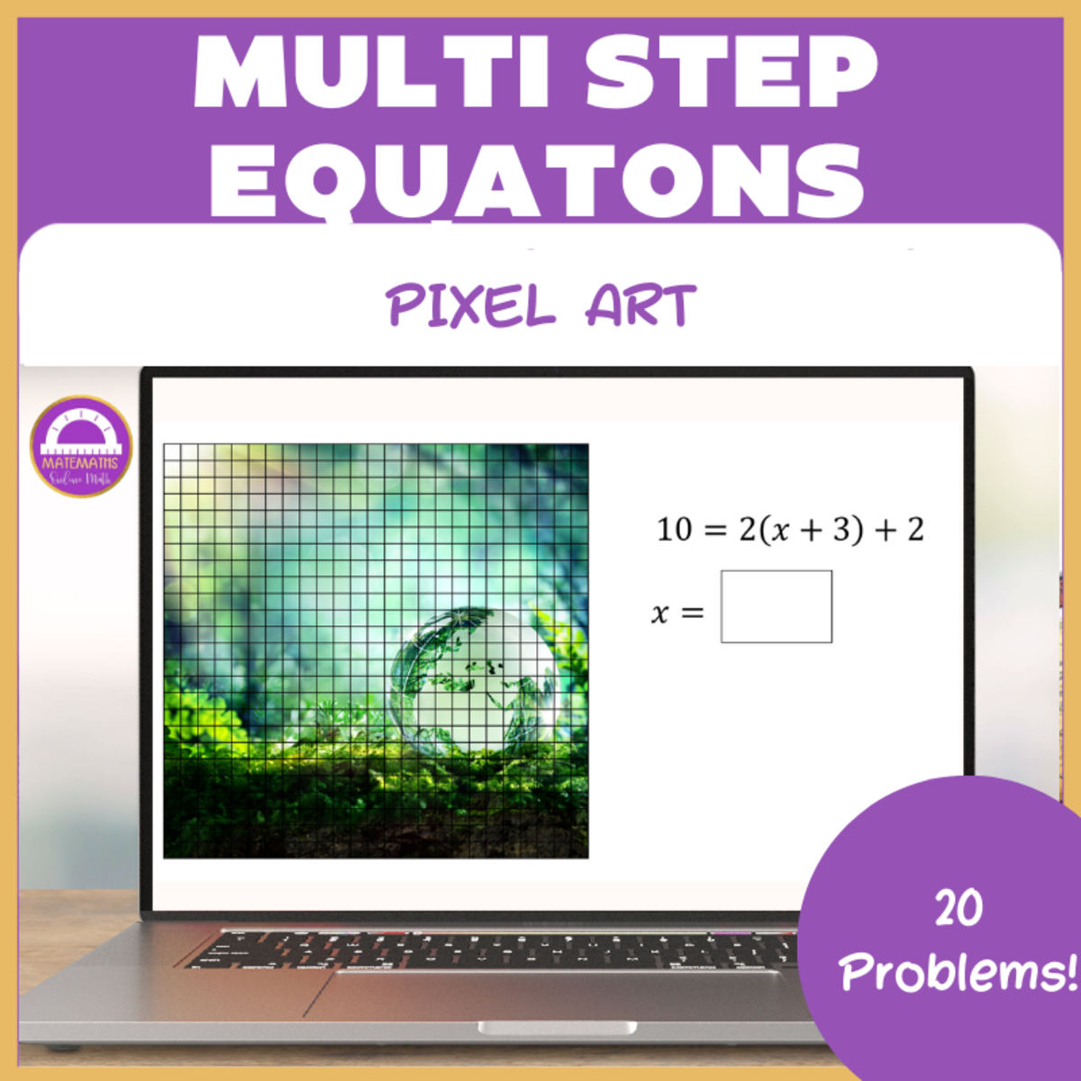 An educational teaching resource from Matemaths entitled Earth Day Solving Linear Equations Pixel Art Activity downloadable at Teach Simple.