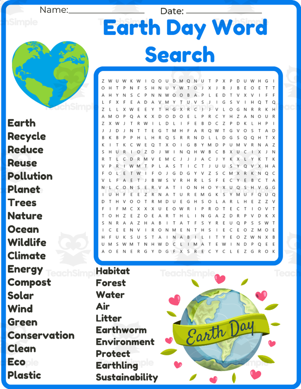 An educational teaching resource from space shope entitled Earth Day Word Search worksheet activity downloadable at Teach Simple.