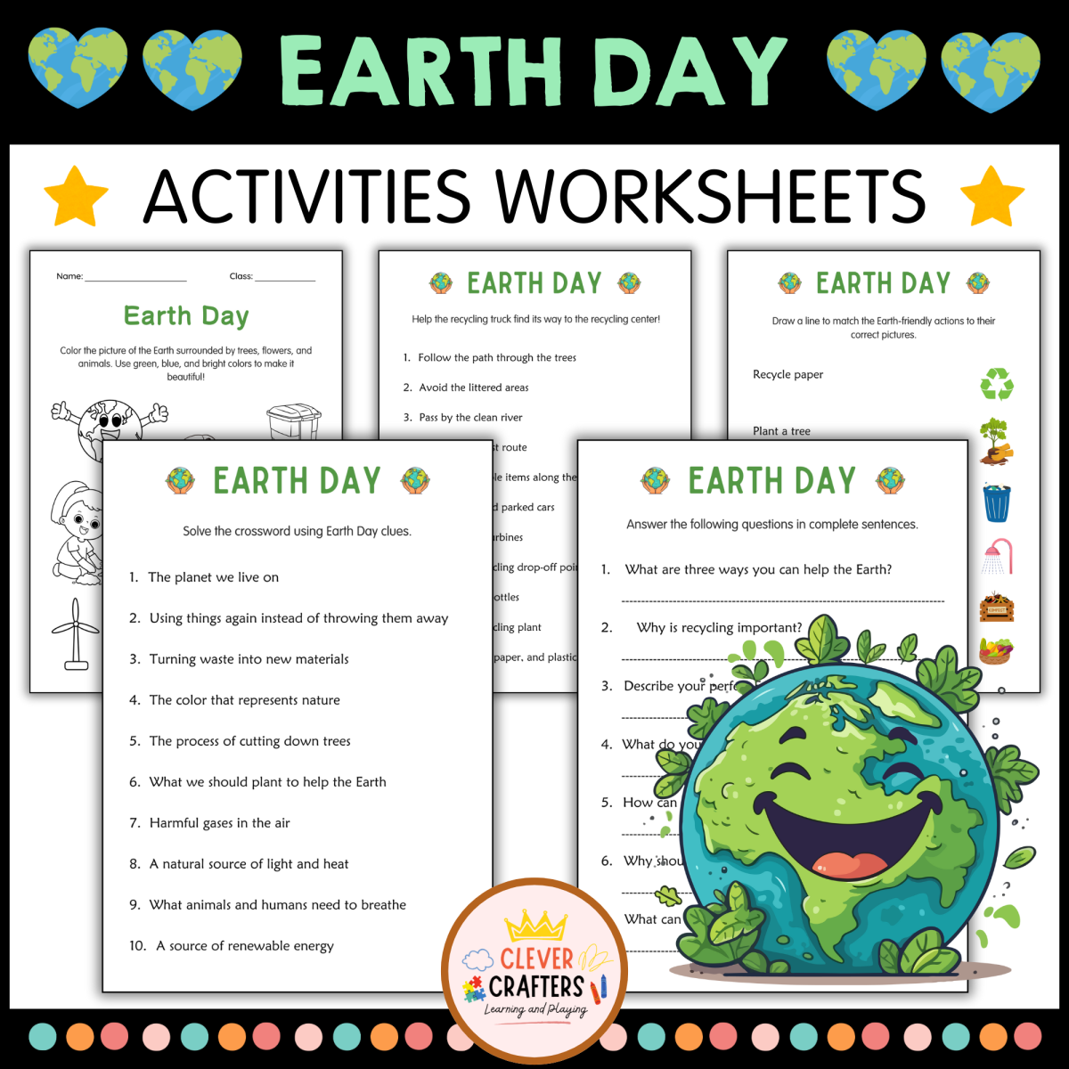 An educational teaching resource from Clever Crafters entitled Earth Day Worksheets and Activities for Taking Care of the Earth downloadable at Teach Simple.