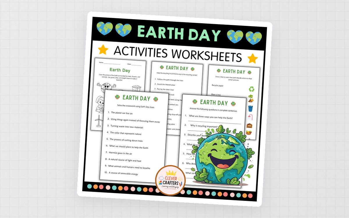 An educational teaching resource from Clever Crafters entitled Earth Day Worksheets – Taking Care of Our Planet downloadable at Teach Simple.