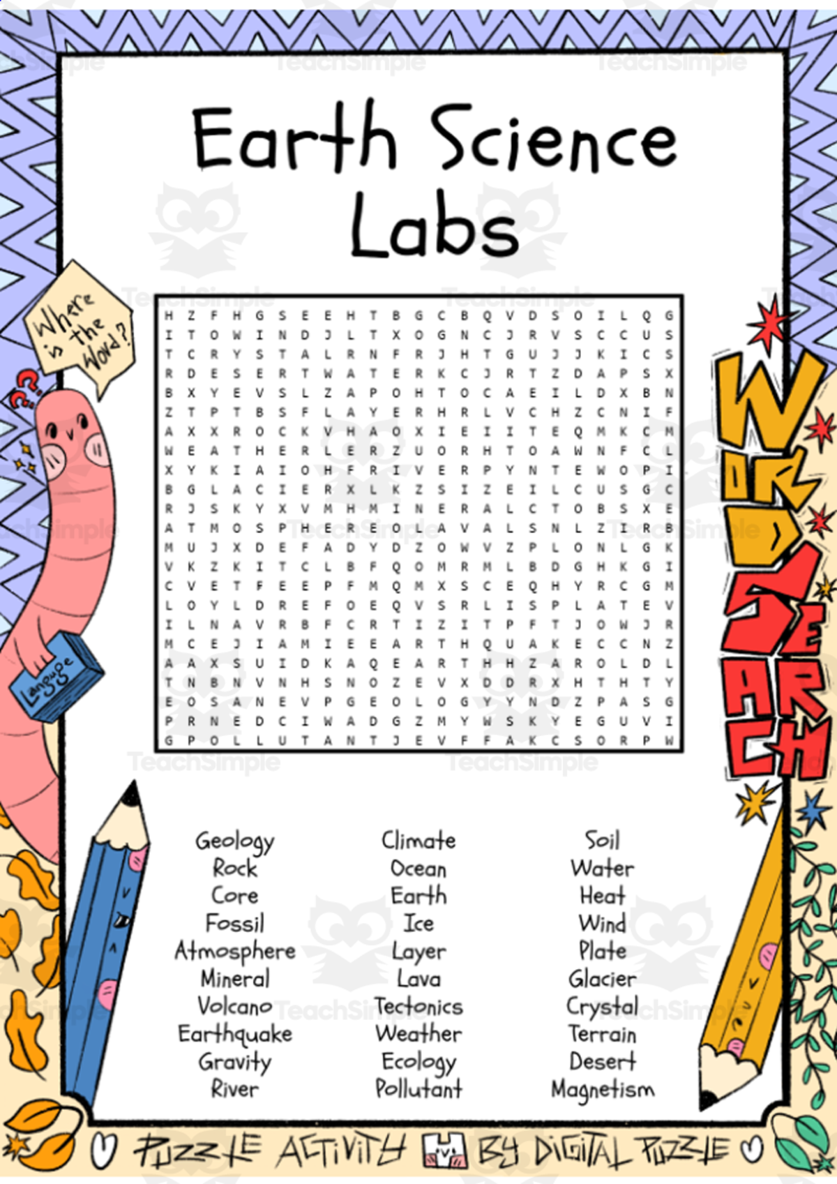 An educational teaching resource from Lapiiin Art Activities entitled Earth Science Labs word search puzzle worksheet activity downloadable at Teach Simple.