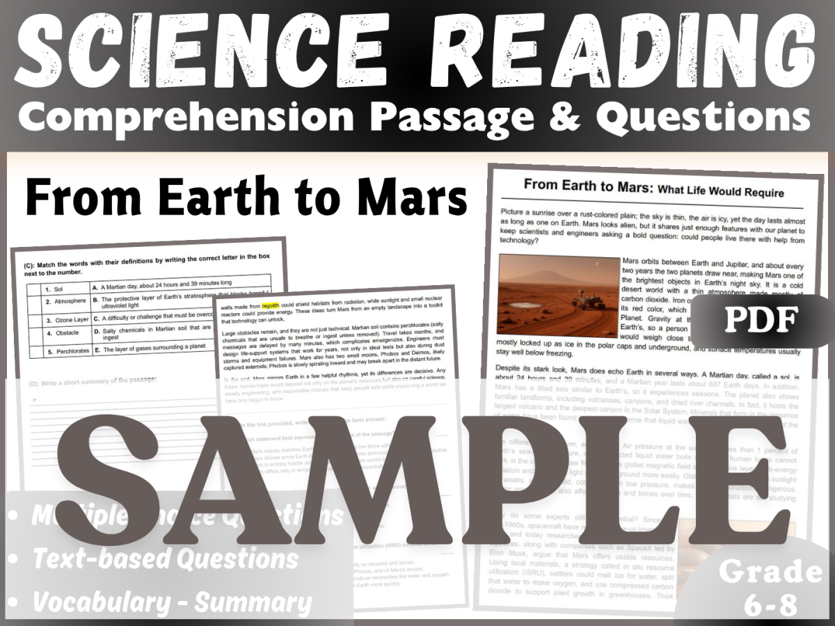 An educational teaching resource from CORED Education - Middle & High School entitled Earth Science Reading Comprehension Passage: From Earth to Mars SAMPLE downloadable at Teach Simple.