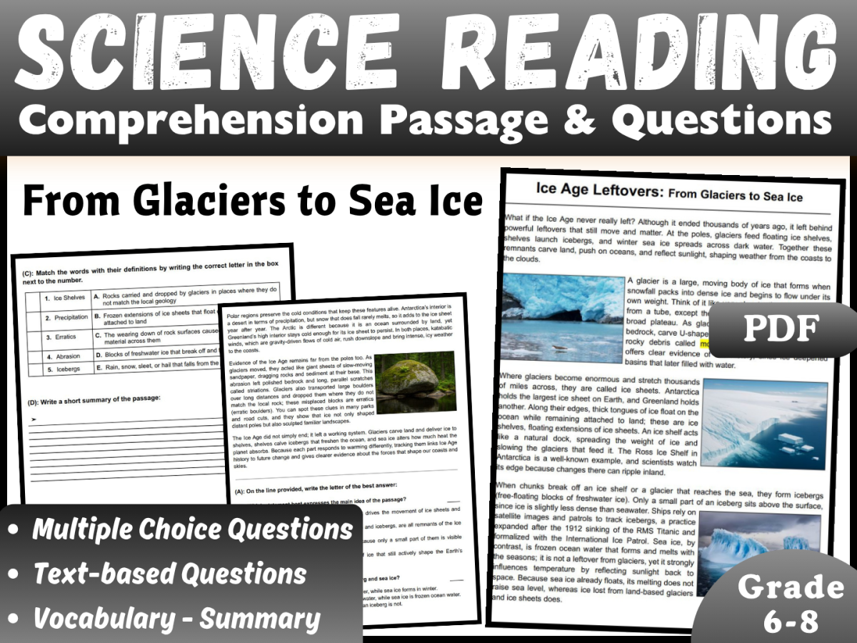 An educational teaching resource from CORED Education - Middle & High School entitled Earth Science Reading Comprehension Passage: Ice Age Leftovers (PDF) downloadable at Teach Simple.