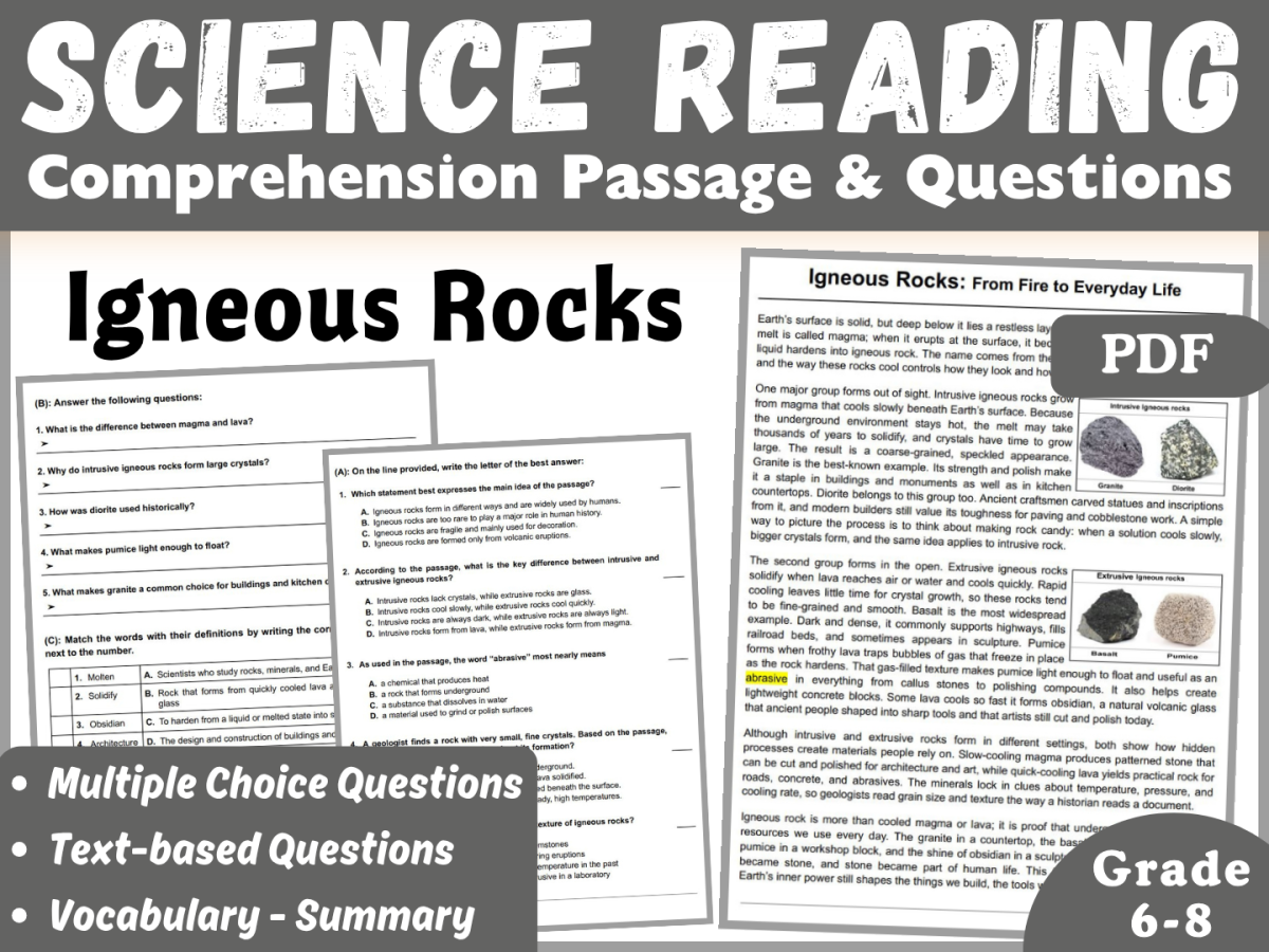An educational teaching resource from CORED Education - Middle & High School entitled Earth Science Reading Comprehension Passage: Igneous Rocks (PDF) downloadable at Teach Simple.