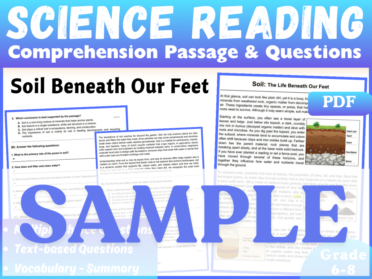 An educational teaching resource from CORED Education - Middle & High School entitled Earth Science Reading Comprehension Passage: Soil Types. SAMPLE downloadable at Teach Simple.