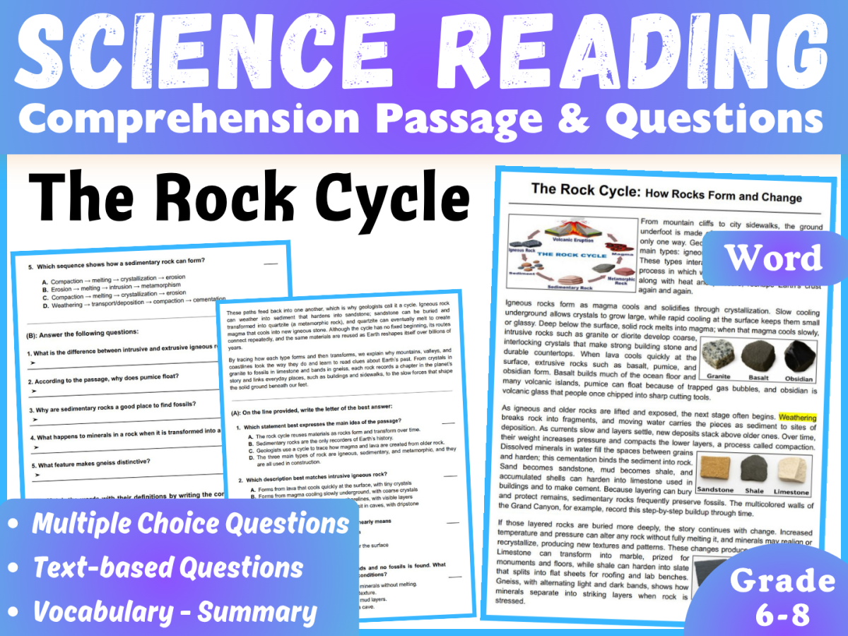 An educational teaching resource from CORED Education - Middle & High School entitled Earth Science Reading Comprehension Passage: The Rock Cycle (Word) downloadable at Teach Simple.