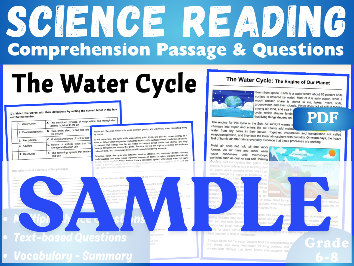 An educational teaching resource from CORED Education - Middle & High School entitled Earth Science Reading Comprehension Passage: The Water Cycle. SAMPLE downloadable at Teach Simple.