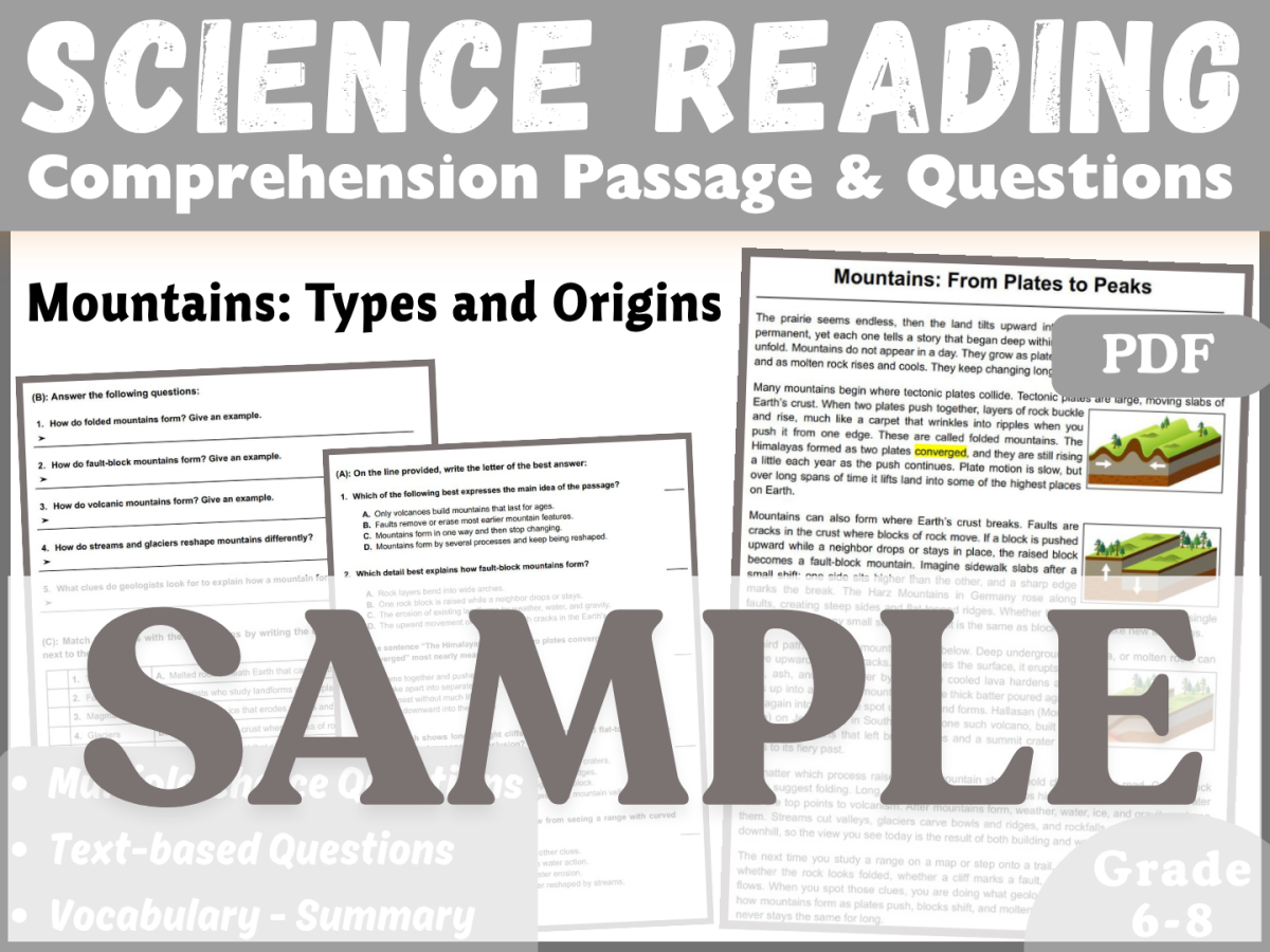 An educational teaching resource from CORED Education - Middle & High School entitled Earth Science Reading Comprehension Passage: Types of Mountains SAMPLE downloadable at Teach Simple.