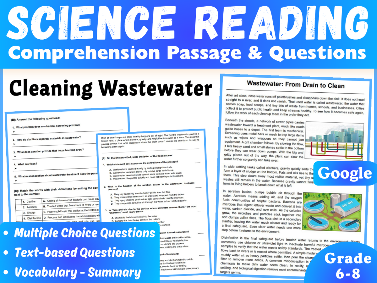 An educational teaching resource from CORED Education - Middle & High School entitled Earth Science Reading Passage: Cleaning Wasterwater (Docs) downloadable at Teach Simple.