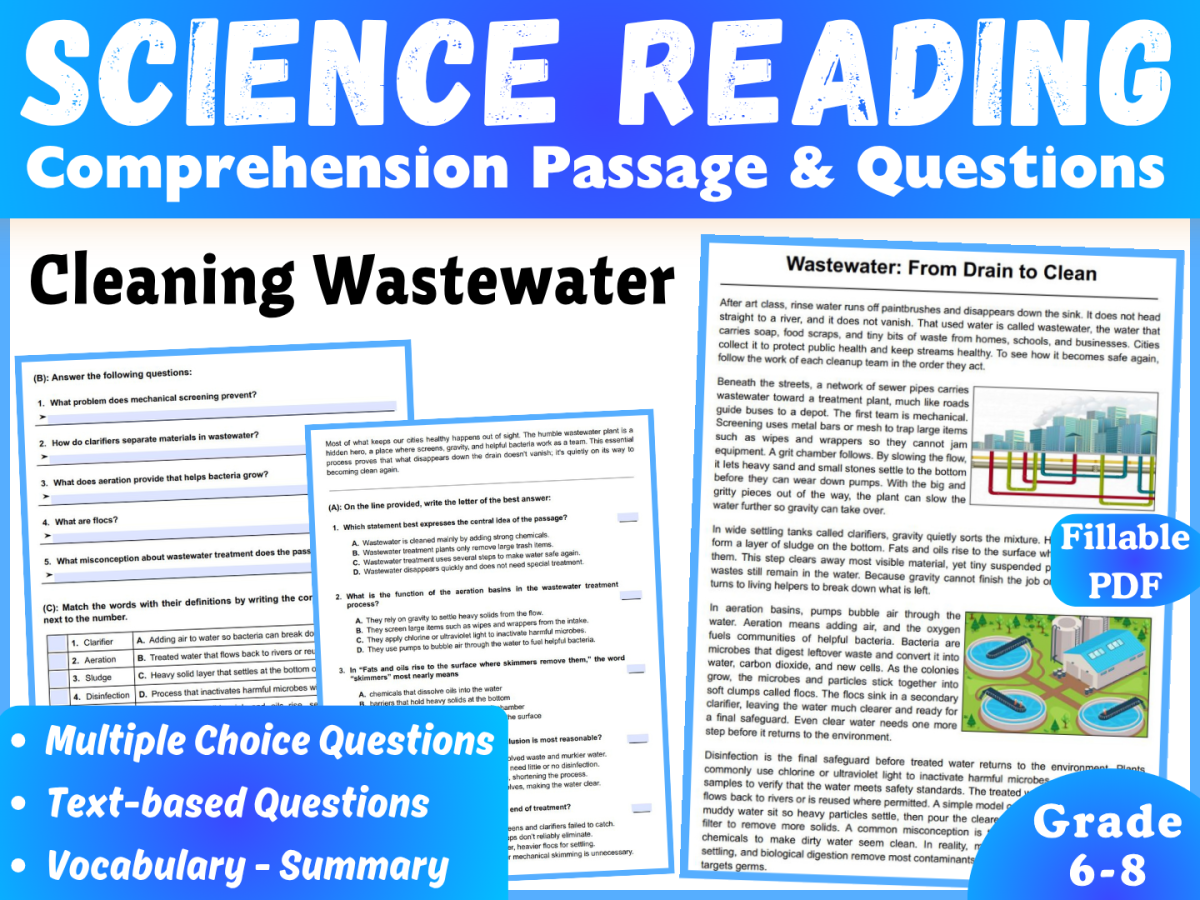 An educational teaching resource from CORED Education - Middle & High School entitled Earth Science Reading Passage: Cleaning Wasterwater (Fillable PDF) downloadable at Teach Simple.