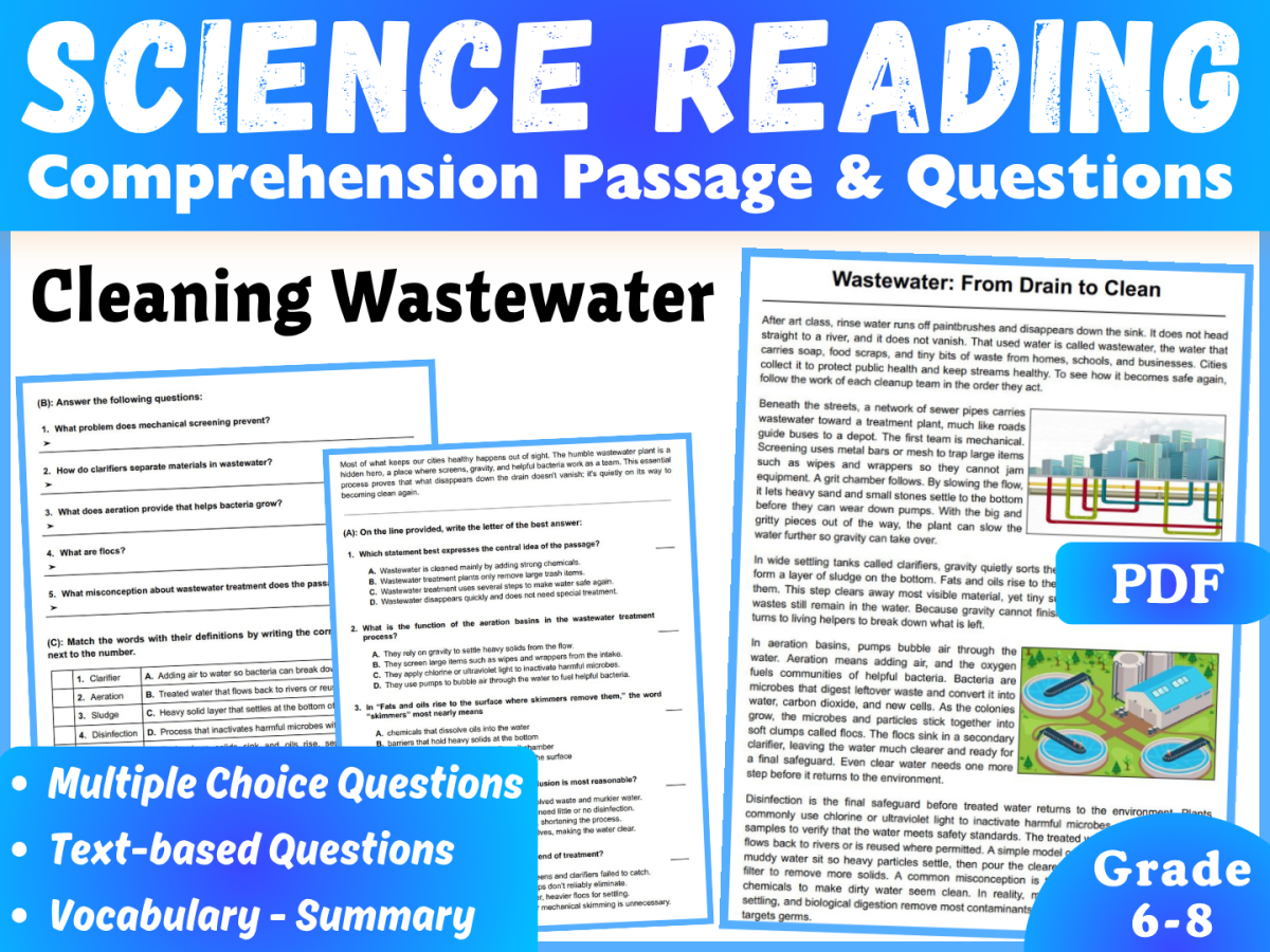 An educational teaching resource from CORED Education - Middle & High School entitled Earth Science Reading Passage: Cleaning Wasterwater (PDF) downloadable at Teach Simple.