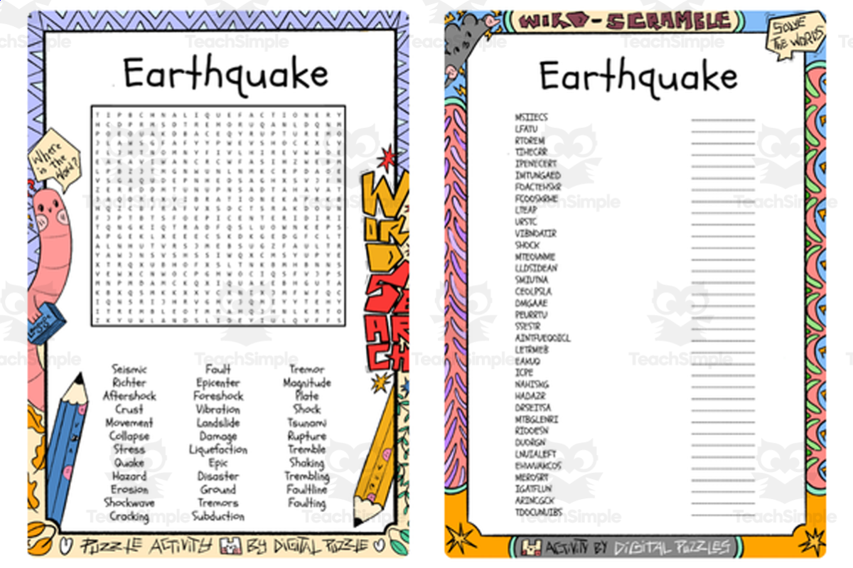 An educational teaching resource from Lapiiin Art Activities entitled Earthquake word search & scramble downloadable at Teach Simple.