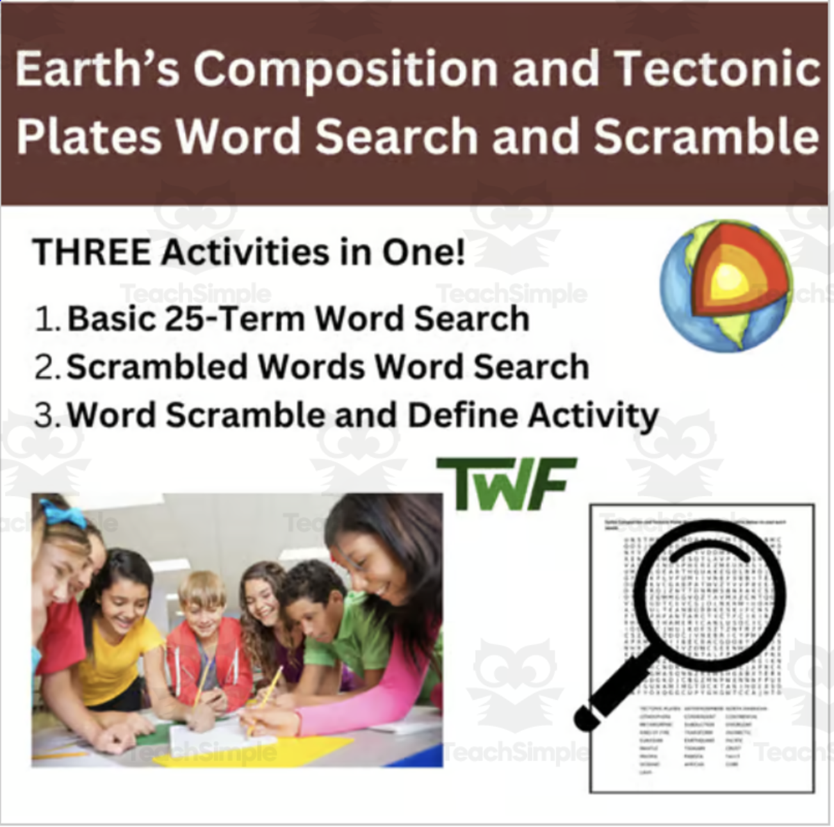 An educational teaching resource from Teach With Fergy entitled Earth's Composition & Tectonic Plates Word Search & Scramble Activity downloadable at Teach Simple.