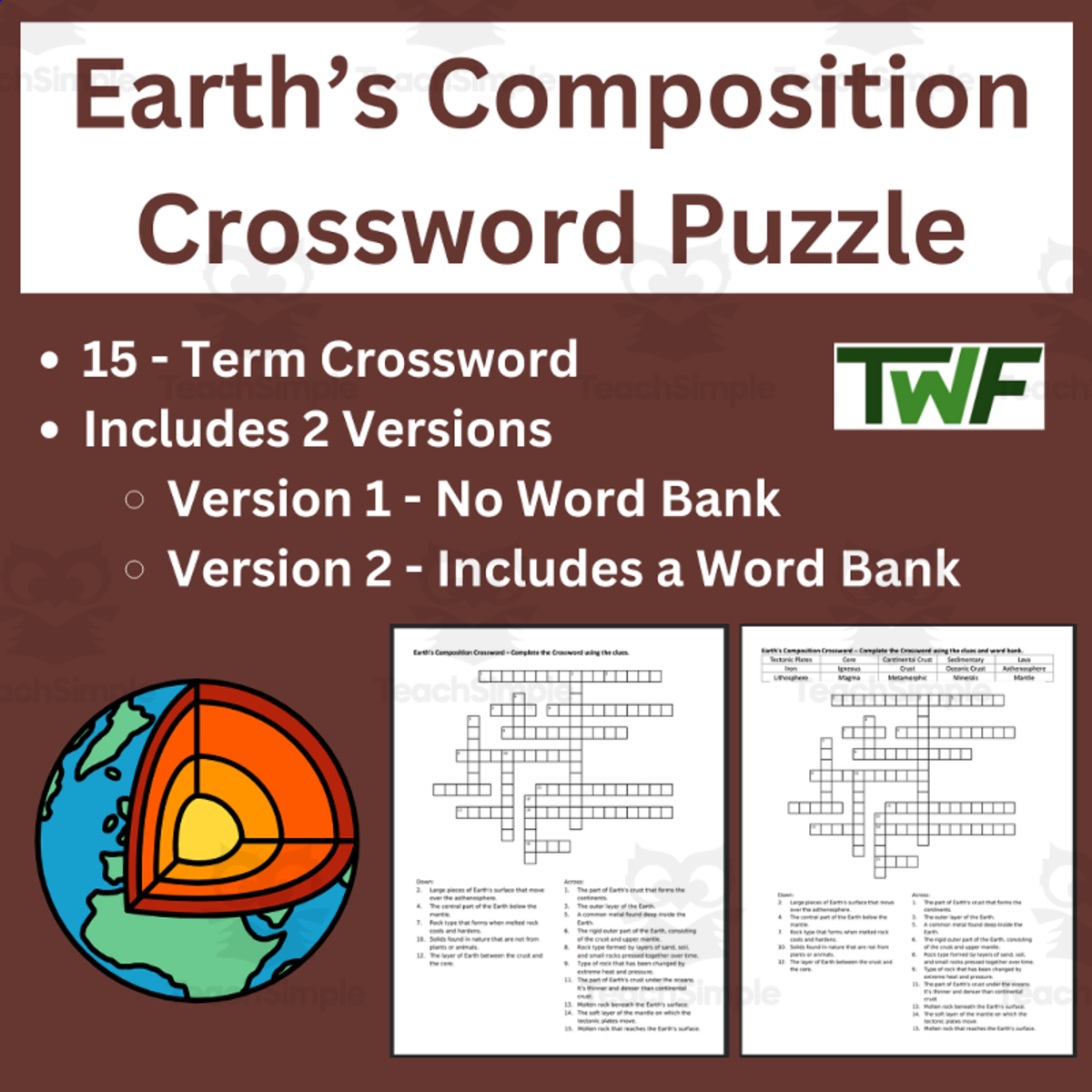 An educational teaching resource from Teach With Fergy entitled Earth’s Composition Crossword Puzzle Review Activity downloadable at Teach Simple.