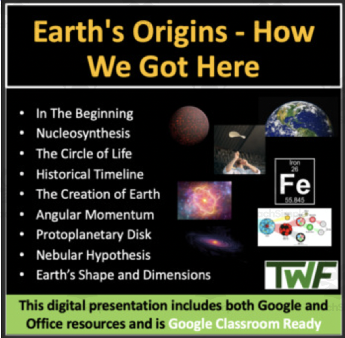 An educational teaching resource from Teach With Fergy entitled Earth's Origins: How We Got Here - Lesson Bundle downloadable at Teach Simple.