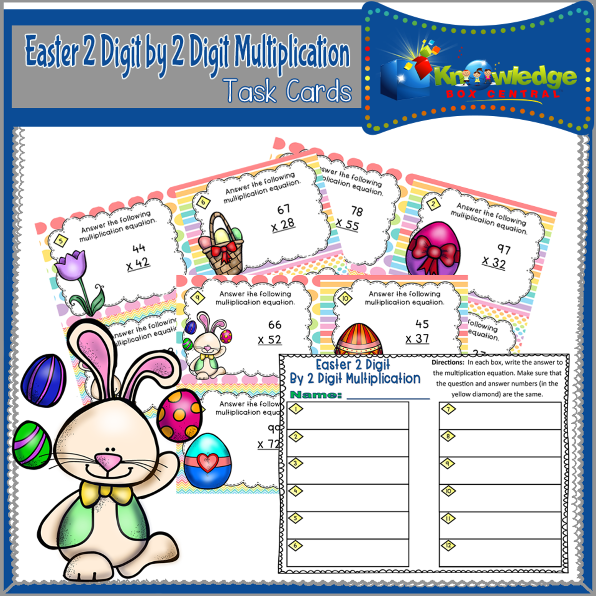 An educational teaching resource from Knowledge Box Central entitled Easter 2 Digit By 2 Digit Multiplication Task Cards With Response Sheet & Answer Key - EBOOK downloadable at Teach Simple.