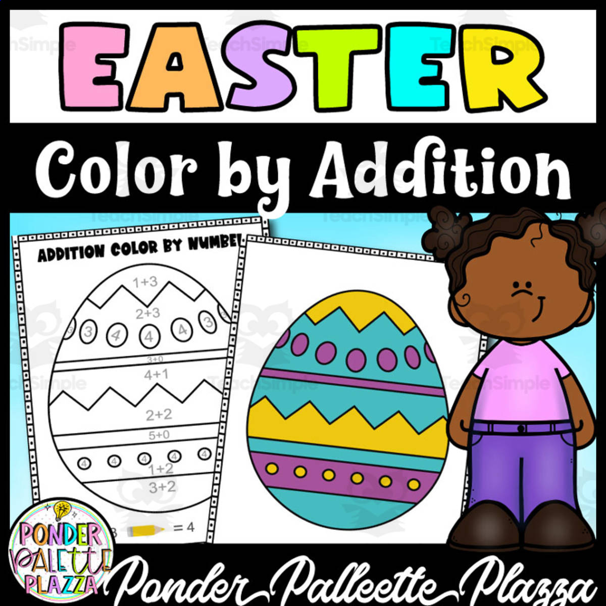 An educational teaching resource from Ponder Palette Plazza entitled Easter Addition Color by Number downloadable at Teach Simple.